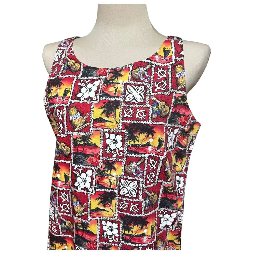 Kad Creations Sleeveless Midi Dress Made in Hawaii Red Blue Black Yellow Large